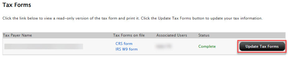 The update tax forms panel in broker portal. 